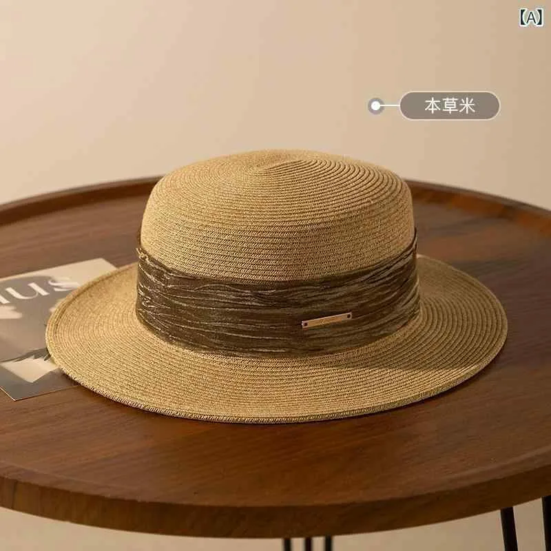 麦わら帽子 レディース シギーの フラット トップ 麦わら 帽子 女性用 夏用 つば 広 海辺の サンハット 旅行用の 英国 風 レトロ