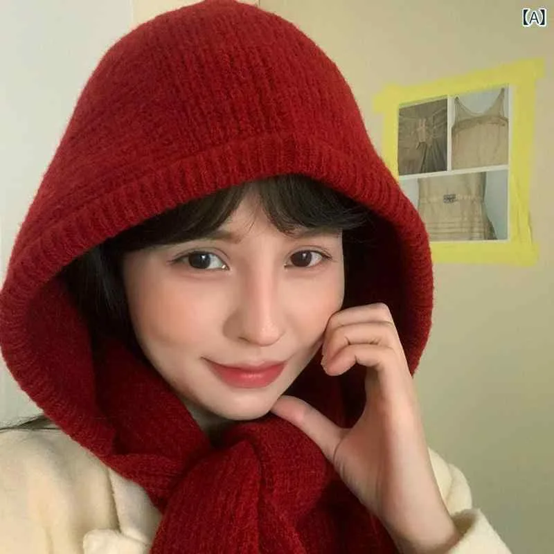 レディース かわいい 帽子 フード付き スカーフ 付きの 女性用 アップグレード 赤い バラクラバ 帽子. 秋冬 ショール. ニット ウール 帽子. スカーフ