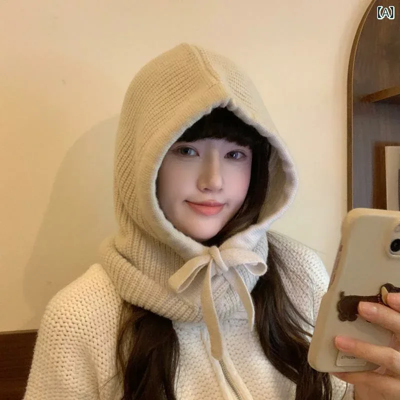 レディース かわいい 帽子 バラクラバ 帽子 レディース 秋冬 暖かい ニット 帽子 スカーフ 付き フード付き ネック バンド 耳 保護 ウール 帽子