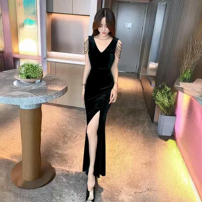 ワンピース レディース 春秋 セクシー フレンチスタイル キャミワンピ スリット マーメイド ドレス 膝丈 ロングスカート タイト お呼ばれ パーティー 二次会 結婚式 デート 綺麗め フェミニン エレガント 伸縮性 身体のラインを綺麗に見せる 体型カバ