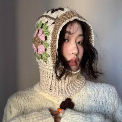 ニット帽 レディース 冬用 バラクラバ 手編み かぎ針編み 防寒 帽子 暖かい 毛糸 ケーブル編み ネックウォーマー フード付き 帽子 ニットキャップ 小顔効果 韓国風 おしゃれ かわいい ふわふわ 柔らかい 厚手 保温 スヌード マフラー一体型 伸縮性