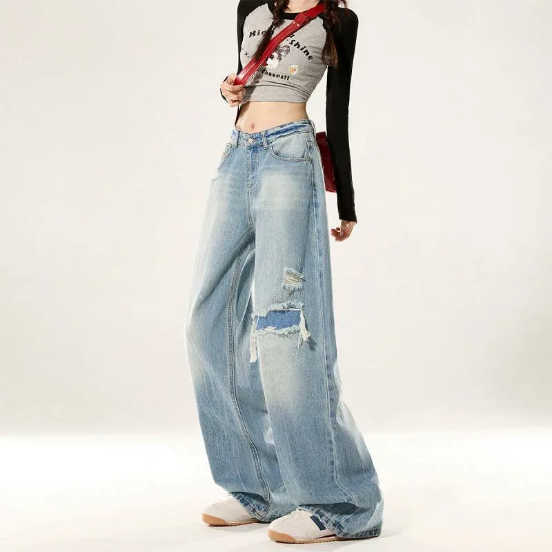 デニムパンツ レディース ゆったり ハイウエスト ワイドパンツ ジーパン ズボン ロングパンツ 春秋冬 ストレート 切り替え ダメージ加工 フリンジ 体型カバー 着痩せ 細見え プラスサイズ 大きいサイズ カジュアル 脚長効果 体系カバー ゆったりサイズ