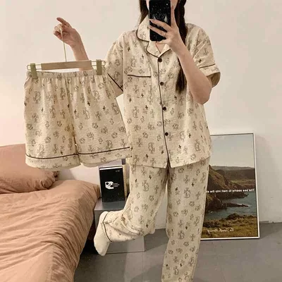 パジャマ レディース 春夏 3点セット 半袖 ロングパンツ セットアップ ルームウェア 部屋着 寝間着 かわいい キャラクター柄 薄手 通気性 吸湿速乾 伸縮性 快適 柔らかい リラックス ゆったり 体型カバー 大きいサイズ プラスサイズ 二の腕カバー