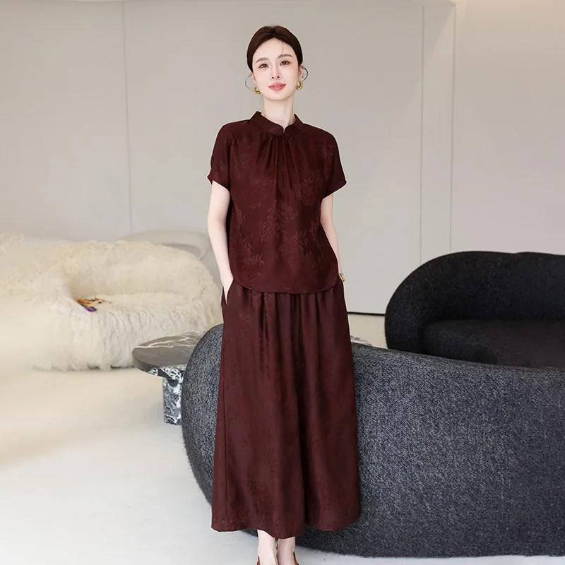 セットアップ レディース 上下セット ブラウス パンツ チャイナドレス風 チャイナ服 トップス ボトムス 高級感 絹 シルク 桑蚕絲 杭州産 国風 中華風 ママ 母親 褶皺加工 プリーツ加工 ゆったり 大きいサイズ 体型カバー 着痩せ 細見え お腹周り