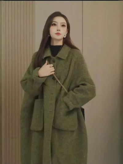 レディース ロングコート ゆったりシルエット ダブルフェイス 秋冬 ミストグリーン 膝下丈 上品 韓国 アウター オーバーコート 毛織 暖か 普段使い