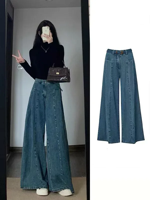 デニムパンツ レディース 大きいサイズ ハイウエスト ワイドパンツ ジーパン ストレートパンツ ズボン ゆるめ ゆったり 体型カバー 着痩せ 細見え 梨形体型 補正 脚長効果 美脚 ロング丈 フルレングス カジュアル ストリート ボトムス 無地 ヴィンテ