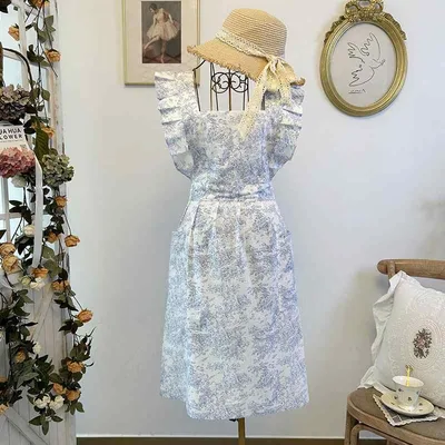 ワンピース レディース チャイナドレス風 ロング丈 フレンチスタイル 水墨画風 プリント エレガント スイート フリル袖 蝶袖 エプロン風 綿100% 素材 薄手 通気性 柔らかい 肌触り良い 体型カバー 着痩せ 細見え ゆったり シルエッ