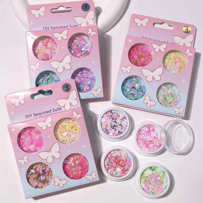 ネイルパーツ レディース DIY用 4個入り 丸ボトル入り キラキラ ホログラム 花柄 花びら 葉っぱ 3D 立体感 おしゃれ デコレーション ネイルアート素材 華やか かわいい メイク用 フェイスステッカー 幻想的 カラー 輝き デザイン 高品質 ジェ