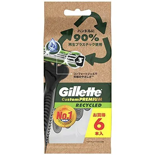 Gillette ジレット カスタムプレミアム リサイクルド 使い捨てカミソリ 6本 深剃り センサー3枚刃 コンフォートジェル 髭剃り カミソリ 男性 メンズ