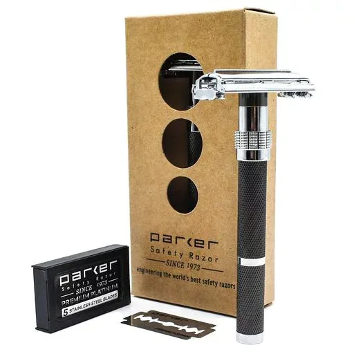 parker バタフライ式 剃刀 (替刃 5枚セット付) 深剃りで剃り残しナシ (滑りにくい グラフィティグリップ/重量感/初心者の方向け) 真鍮製 カミソリ シェービング 髭剃り T字 両刃カミソリ 男…