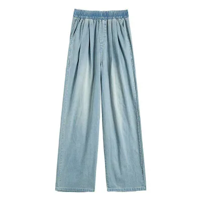Wide Pants, Women's, Denim Style, Tencel Pants, Cool to the Touch, Thin, Summer, High Waist, Elastic Waist, Loose, Straight, Long Pants