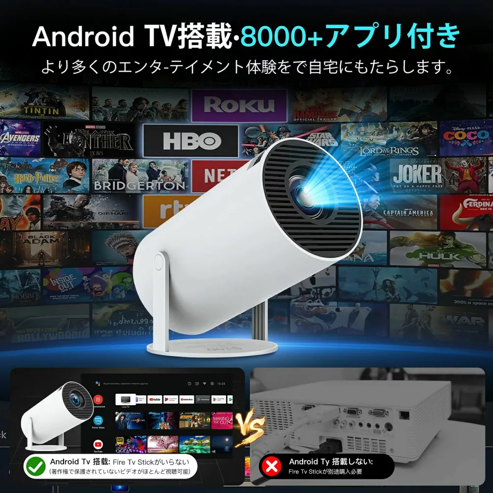 2025最新Android TV搭載/プロジェクター 家庭用 小型 天井 Bluetooth5.4 スピーカー 18000LM 1080P Wi-Fi6 スマホ接続可能 自動台形補正 操作簡単 短距離投影 OS/Android/パソコン/DVD/PS機/SWITCH接続可 プレゼントに最適 おすすめ:モノリスプラス