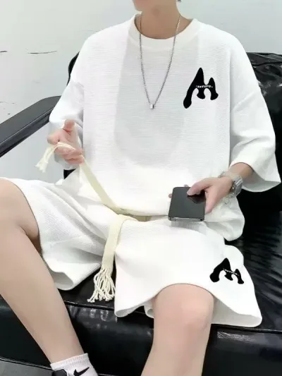 セットアップ メンズ 男性用 無地 半袖 Tシャツ ワッフル 5分丈パンツ 韓国風 カジュアル 普段着 ブラック ホワイト グレー ブルー ポリエステル