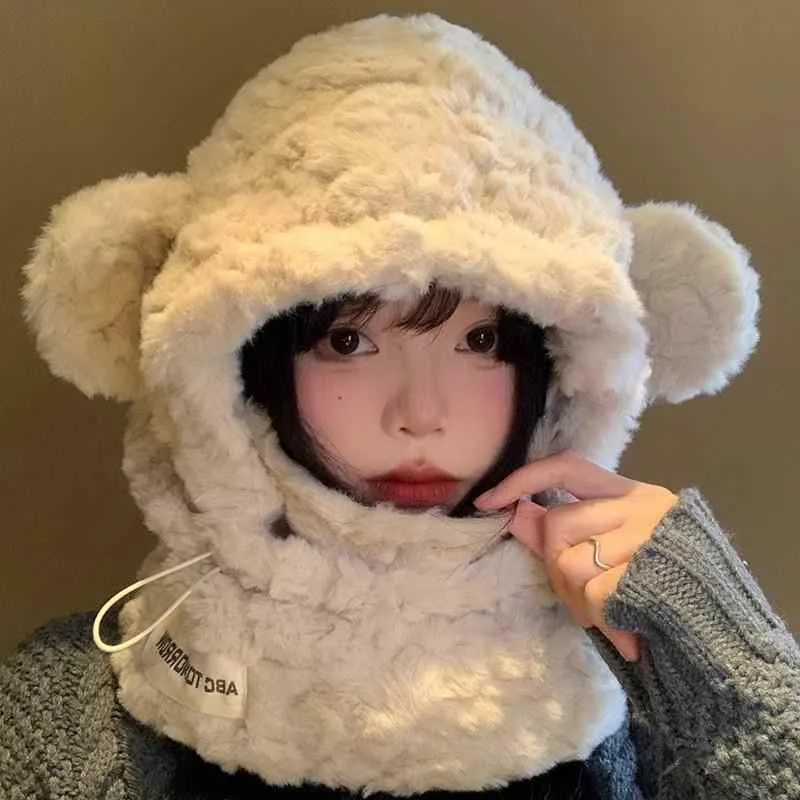 帽子 レディース 秋冬 小熊 防寒 防風 イヤーマフ一体型 マフラー付き かわいい ふわふわ もこもこ 韓国風 自転車 スキー スノーボード あったか ベージュ グレー ブラウン系