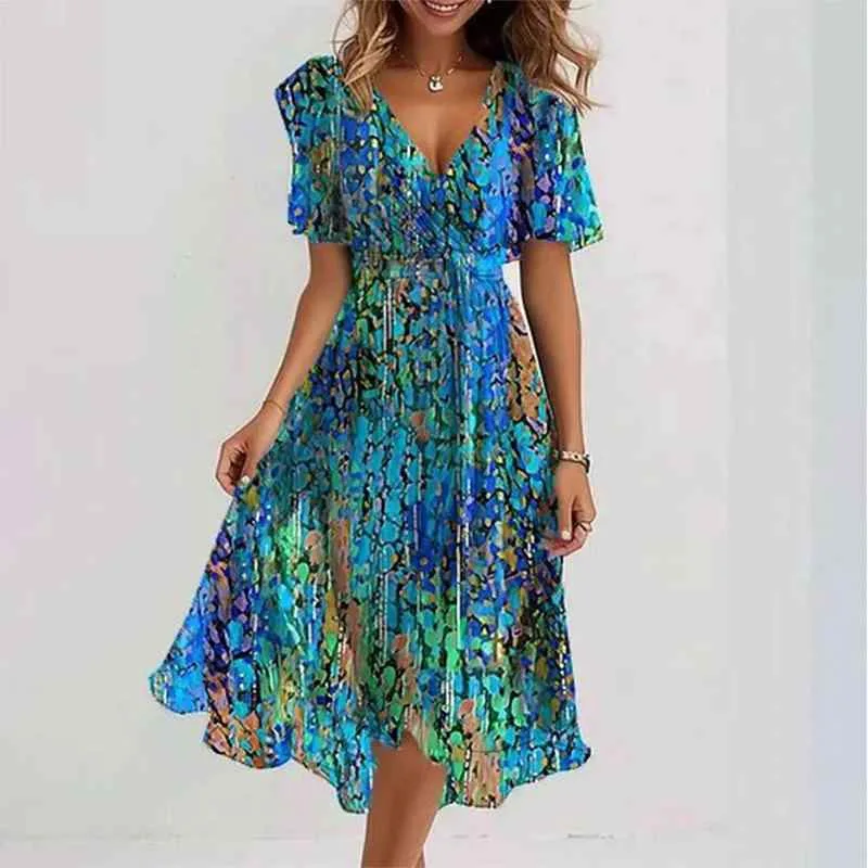 One Piece Women's V-Neck A-Line Floral Pattern Short Sleeve Long Length European Style Loose 3D Pattern Tunic Everyday Use Composite Material Polyester Green Red