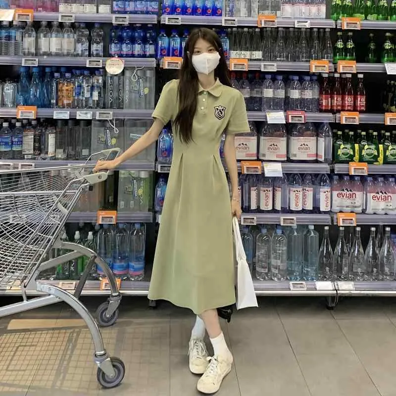 ワンピース レディース 春夏 半袖 Aライン POLO襟 コットン 高腰 ロング丈 膝下丈 無地 韓国風 カジュアル かわいい 清楚 S M L XL 2XL 豆グリーン ブラック