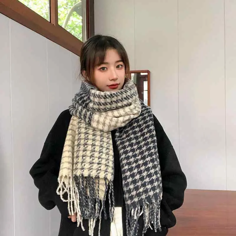 マフラー レディース 秋冬 千鳥格子柄 高級感 韓国風 ショール 暖かい 襟巻き 紺色 コーヒー色 黒色 ポリエステル INSスタイル