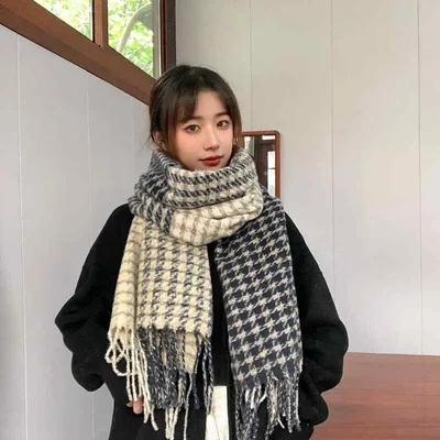 マフラー レディース 秋冬 千鳥格子柄 高級感 韓国風 ショール 暖かい 襟巻き 紺色 コーヒー色 黒色 ポリエステル INSスタイル