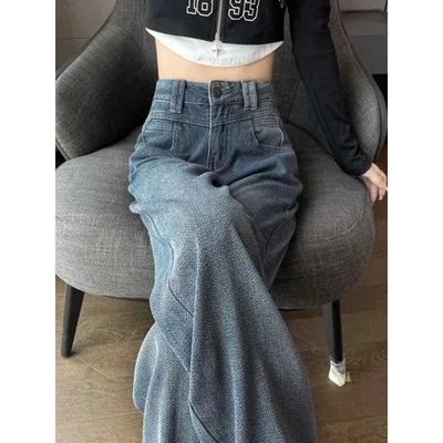デニム レディース ワイドレッグパンツ 春 高見え ジーンズ ジーパン 美脚 ゆったり ストレート ヴィンテージ風 ブルー XS S M L 2XL