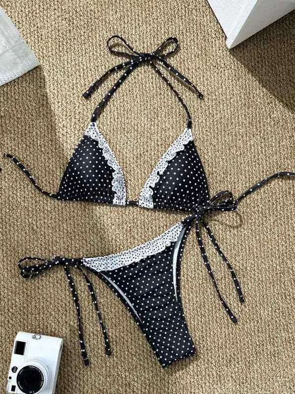水着 レディース ビキニ セット レース フリル レトロ ドット柄 体型カバー 大人 かわいい セクシー 黒 白 プール 海水浴 ビーチ 旅行 春夏