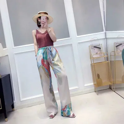 パンツ レディース 高腰 混紡 抽象 水彩 プリント ゆったり ワイドレッグパンツ ストリート カジュアル 普段使い ポリエステル 混紡