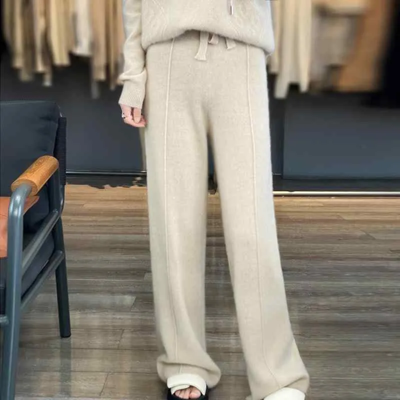パンツ レディース 秋冬 ウール 高腰 ワイドレッグパンツ ゆったり リラックス ニットパンツ 長ズボン 白色 黒色 ベージュ キャメル 濃い茶色 通勤 中弾性 気質 エレガント