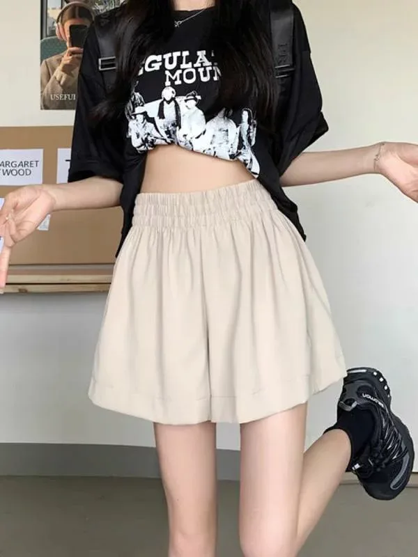 ホットパンツ レディース 韓国風 ファッション カジュアル ゆったり Aライン 短パン ポリエステル 高見え 美脚 無地 シンプル 薄手 普段使い デート ブラック ピンク系 カーキ