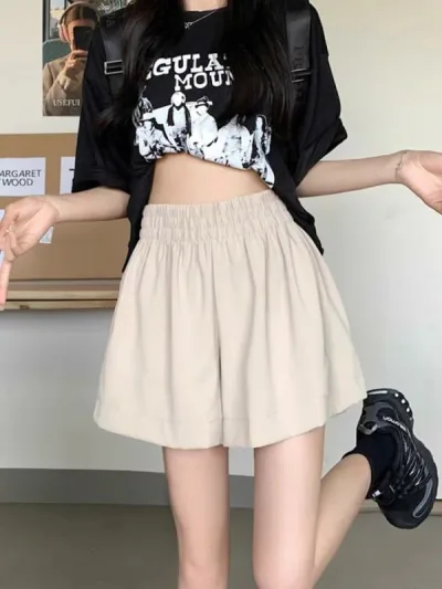 ホットパンツ レディース 韓国風 ファッション カジュアル ゆったり Aライン 短パン ポリエステル 高見え 美脚 無地 シンプル 薄手 普段使い デート ブラック ピンク系 カーキ