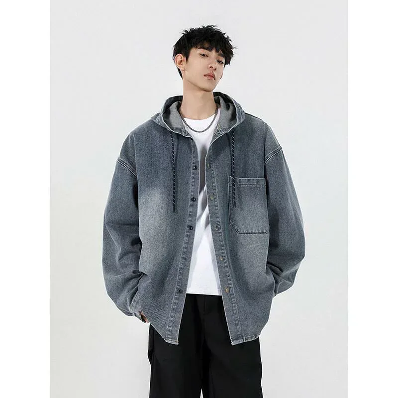 ジャケット メンズ デニムジャケット 春秋 韓国風 フード付き ブルゾン ゆったり カジュアル トップス 長袖 アウター 黒 グレー 迷彩