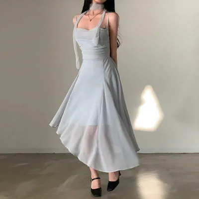 ワンピース レディース 韓国風 高見え 無地 ノースリーブ ミモレ丈 フレア Aライン ドレープ ブルーグレー リゾート 春夏