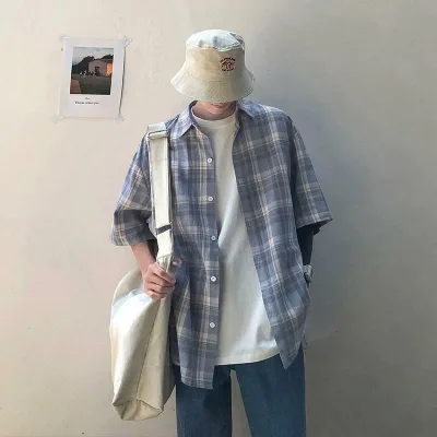 シャツ メンズ 男性用 半袖 格子柄 トップス 5分袖 コットン混紡 ゆったり カジュアル ブルー ピンク系 春夏