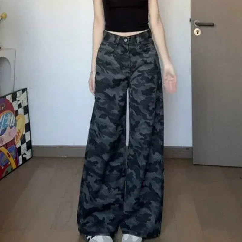デニムパンツ レディース 迷彩柄 ワイドレッグ 高腰 ストレート ロング丈 ゆったり 大きいサイズ 通勤 気質 綿素材 無弾性 春季 工装風