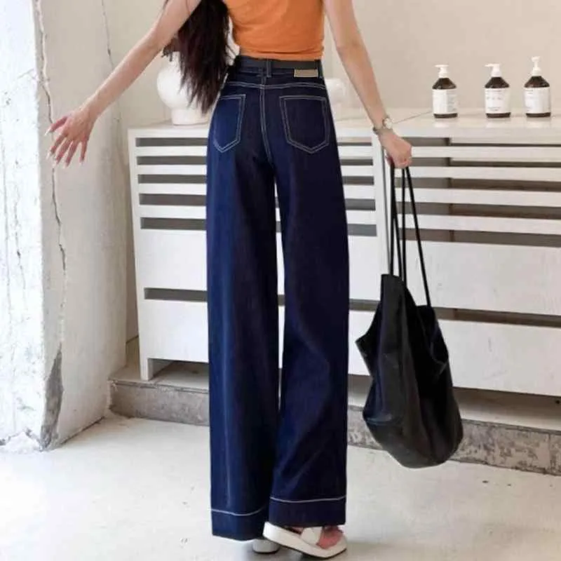 レディース 牛仔パンツ 高腰 ワイドレッグ ロング ストレート デニム 綿素材 ゆったり シルエット 洗い加工 ダークブルー 通勤 気質 スタイル 秋 デニム生地 垂れ感 コットン 布地 膝下丈 フルレングス ゆったりフィット インディゴカラー ビジネス