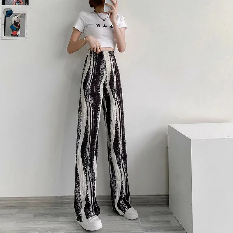 レディース ワイドパンツ 直筒 ロング 黒 青 緑 ポリエステル スパンデックス ハイウエスト ゆったり スリム ドレープ タイダイ柄 シンプル 春 御姐風 私服 デイリー 普段使い 通勤 軽量 伸縮性 ゆったりシルエット ロング丈 ゆったりフィット 膝