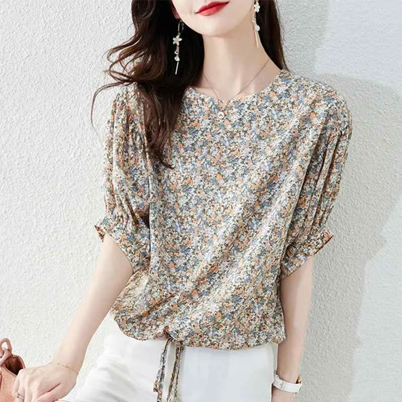 シフォンブラウス レディース トップス シャツ 花柄 小花柄 カットソー 半袖 半袖シャツ プルオーバー ゆったり 体型カバー 着痩せ効果 細見え 涼しい 軽量 通気性 薄手 春夏 サマー カジュアル フェミニン おしゃれ かわいい
