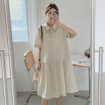 ワンピース レディース マタニティ シャツワンピース 妊婦用 ミディアム丈 襟付き ウエストシェイプ 細見え 体型カバー 韓国風 おしゃれ カジュアル 普段使い