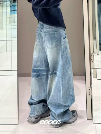 デニムパンツ ジーンズ メンズ ワイドパンツ ストレート ジーパン 3D 立体裁断 ルーズフィット ゆったり 水洗加工 ウォッシュ加工 デニム ヴィンテージ風 カジュアル 通学 普段使い 10代 20代 春 夏 秋 冬 ブルー 青