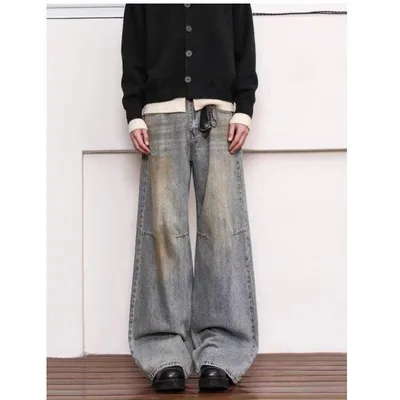 デニムパンツ ジーンズ メンズ ユーズド風 ヴィンテージ風 レトロ ゆったり ルーズ ストレート ワイドパンツ デニム ボトムス ロングパンツ カジュアル 普段使い 青 春 夏 おしゃれ