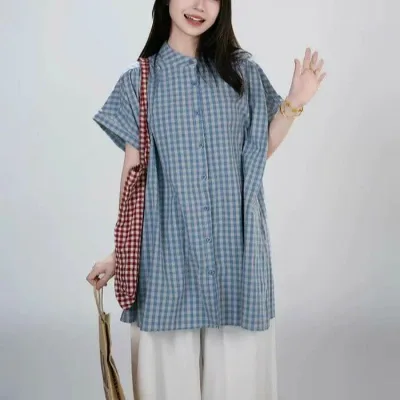 チュニック ブラウス レディース 半袖 夏 シャツ ギンガムチェック 前開き ボタン トップス 体型カバー ゆったり シャツブラウス 大きいサイズ 体型カバー 柔らか シンプル カジュアル 森ガール 大人可愛い チェック柄 チュニックブラウス 春 夏 秋