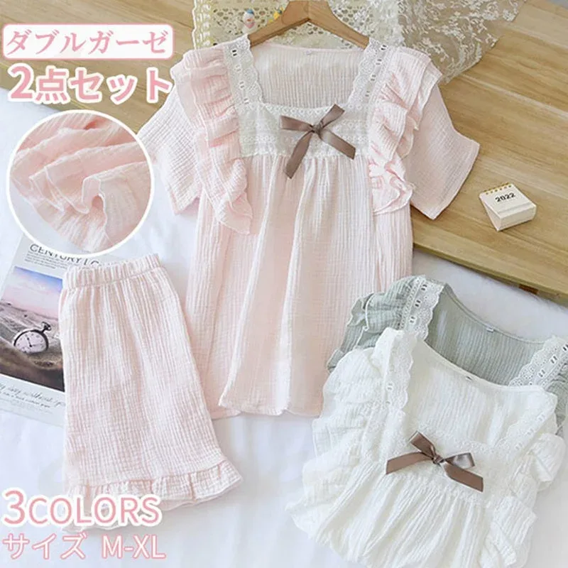 パジャマ レディース 綿 2点セット 半袖 ショートパンツ ハーフパンツ ルームウェア セットアップ ダブルガーゼ uネック 2重ガーゼ ナイトウェア フレア シンプル 部屋着 寝巻き 春夏秋冬 ゆったり カジュアル ギフト 女性用 高校生 部屋着 大きいサイズ