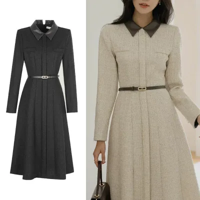 スーツルーム LEATHER BI-COLOR A-LINE WOOL TWEED ONE-PIECE (+BELT) レザー配色Aラインウールツイードワンピース(ベルト) レディース 女性 女子 女らしさアップ 長袖 フェミニン ラブリー デイリー ワンピース パーティードレス 韓国ファッション かわいい オシャレ