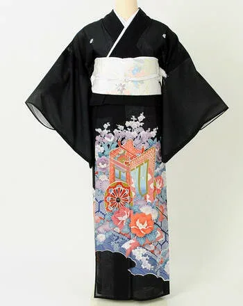 【結婚式 母親 留袖レンタル】フルセット 往復送料無料 黒留袖 【絽・夏用】「御所車ボタン」a205(142〜157cm位)【レンタル】【送料無料】母 祖母 親族 結婚式 披露宴 絽