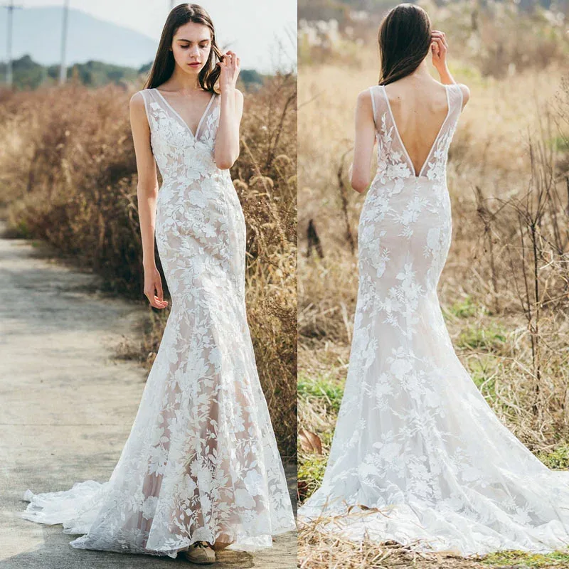 ウェディングドレス 花嫁 ブライダル ロングドレス 二次会 wedding dress フォトウェディング トレイン付き ウエディングドレス Vネック スレンダードレス 背中開き マーメイドドレス 披露宴 前撮り 後撮り 演奏会 小さいサイズ 大きいサイズ 海外挙式 ウェディングフォト