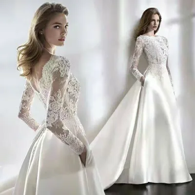 ウエディングドレス 二次会 ロングドレス 長袖 Aラインドレス 結婚式 ウェディングドレス 花嫁ドレス 演奏会 パーティードレス ブライダル お呼ばれ エンパイア ワンピース 大きいサイズ 披露宴 海外挙式 前撮り 白 wedding dress XXS XS S M L XL XXL XXXL