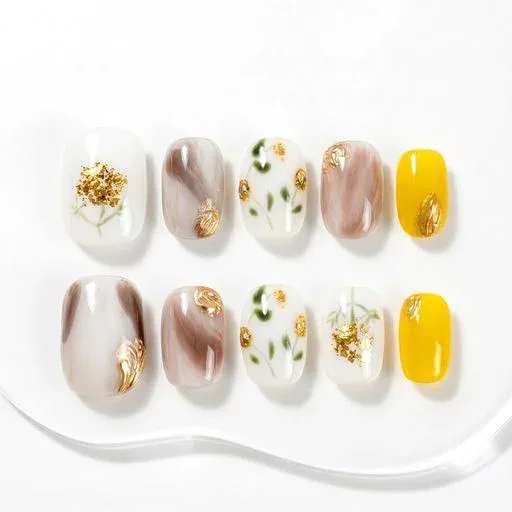 Sun&Beam Nails ハンドメイド ネイルチップ ショート スクエアオーバル ホワイト イエロー ゴールド #005 M