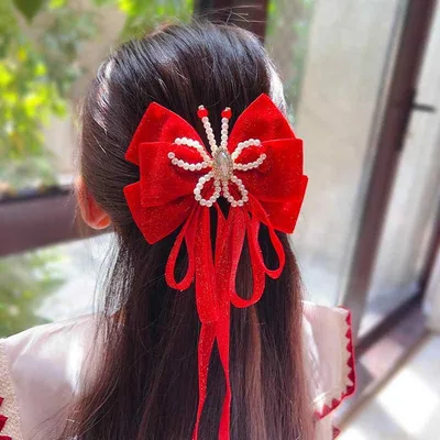 ヘアアクセサリー キッズ 女の子 パール 蝶々 バレッタ リボン 赤色 髪飾り フリンジ付き かわいい おしゃれ ヘアピン お出かけ パーテ