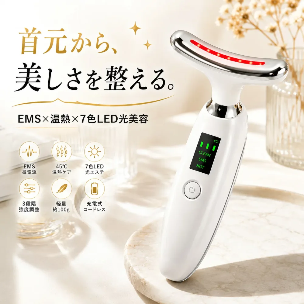 EMS美顔器 ネックケア 美顔器 温熱ケア LED光エステ フェイスケア 首ケア 7色LED EMS微電流 3モード Type-C充電 コードレス 軽量 フェイスライン デコルテ 美容 美容家電 温冷 女性用品 ホワイト