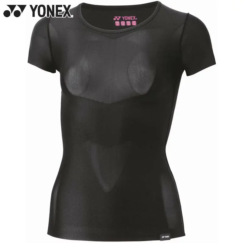 YONEX Women's U-neck Short Sleeve Shirt Badminton Wear Competition Functional Innerwear UV Protection Stretch Black Free Shipping YONEX STBA1512