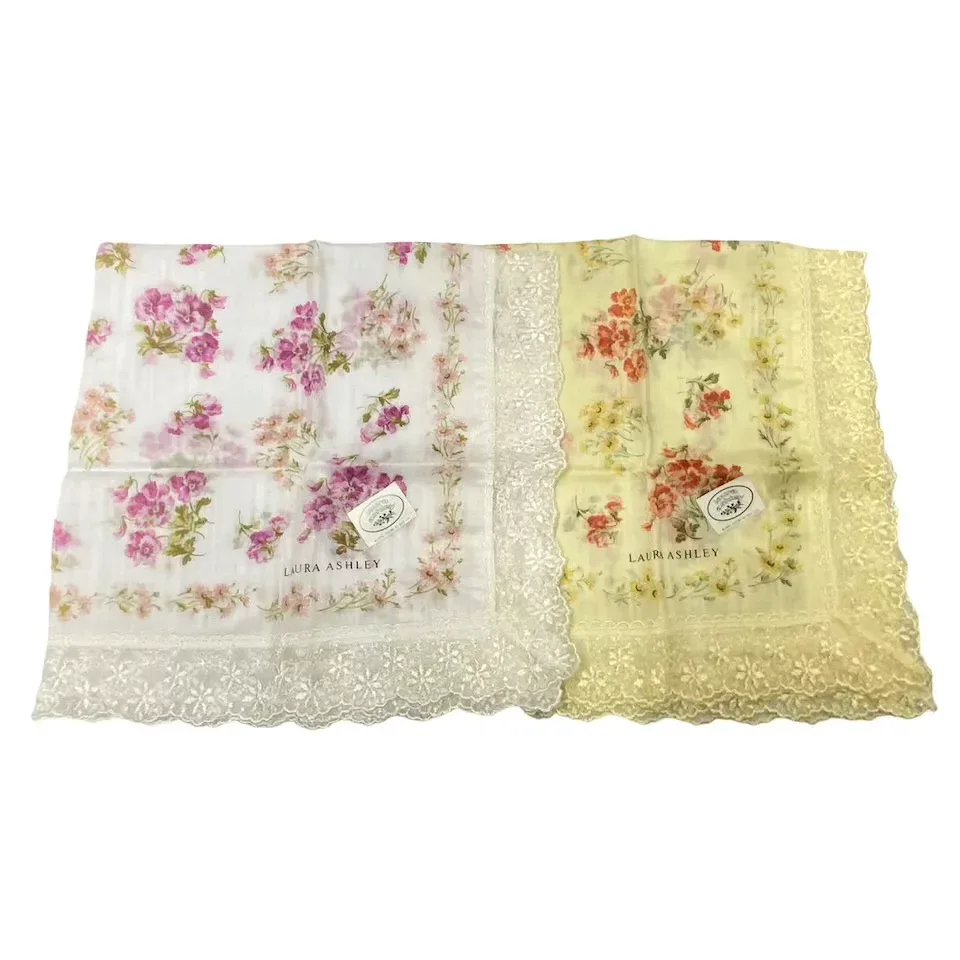 未使用 ローラアシュレイ ハンカチ スカーフ レディース 2枚 2枚組 LAURA ASHLEY 綿 100% レース 花柄 ホワイト イエロー ピンク 花柄 【中古】