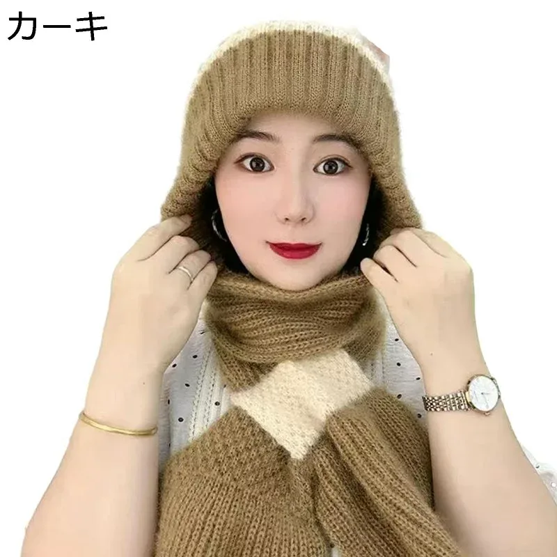 フード付きマフラー ニットマフラー ニット帽 裏起毛 防寒防風 あったかい 2in1 一体型 レディース 女の子 ファッション 編み風 厚手 冬 もこもこ ふわふわ 小顔効果 多機能 ソフト ギフト おしゃれ
